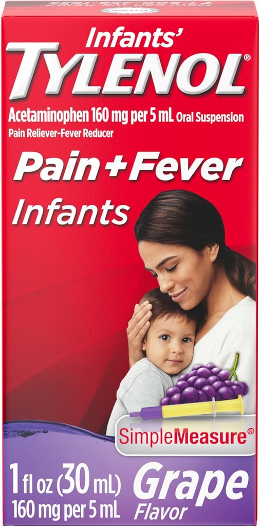 Infants' Tylenol Oral Suspension Liquid Medicine with Acetaminophen, Baby Fever Reducer & Pain Reliever for Minor Aches & Pains, Sore Throat, Headache & Toothache, Grape Flavor, 1 fl. Oz