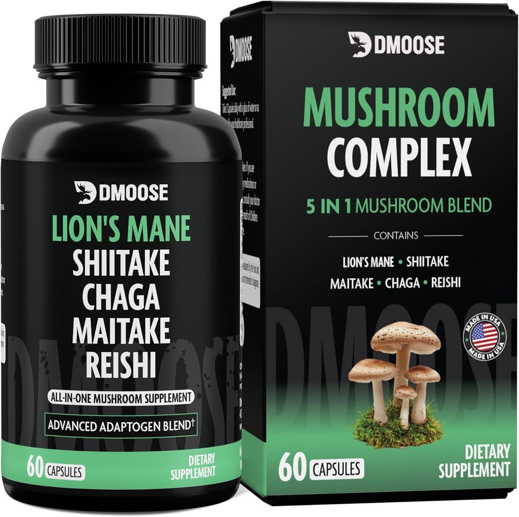 Lions Mane Mushroom Complex - 5300 mg Blend Adaptogenic para Memoria, Focus and Immune Support - 5 en 1 Lionsmane, Chaga, Maitake, Shiitake y Reishi Extract, Nootropic Mushroom Supplement Capsules