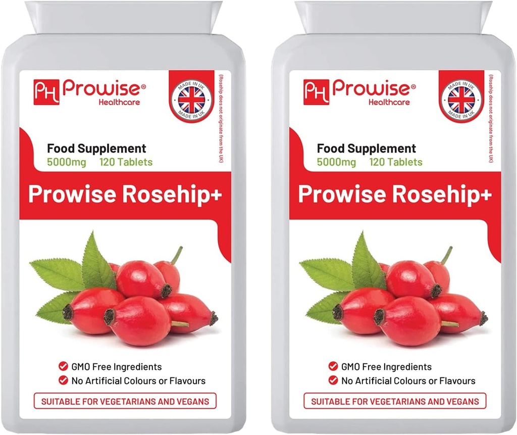 Rosehip Health+ (Pack of 2) 5000mg 120 Tablets - UK Manufactured GMP Calidad Garantizada - Adecuado para Vegetarianos y Veganos por Prowise Healthcare