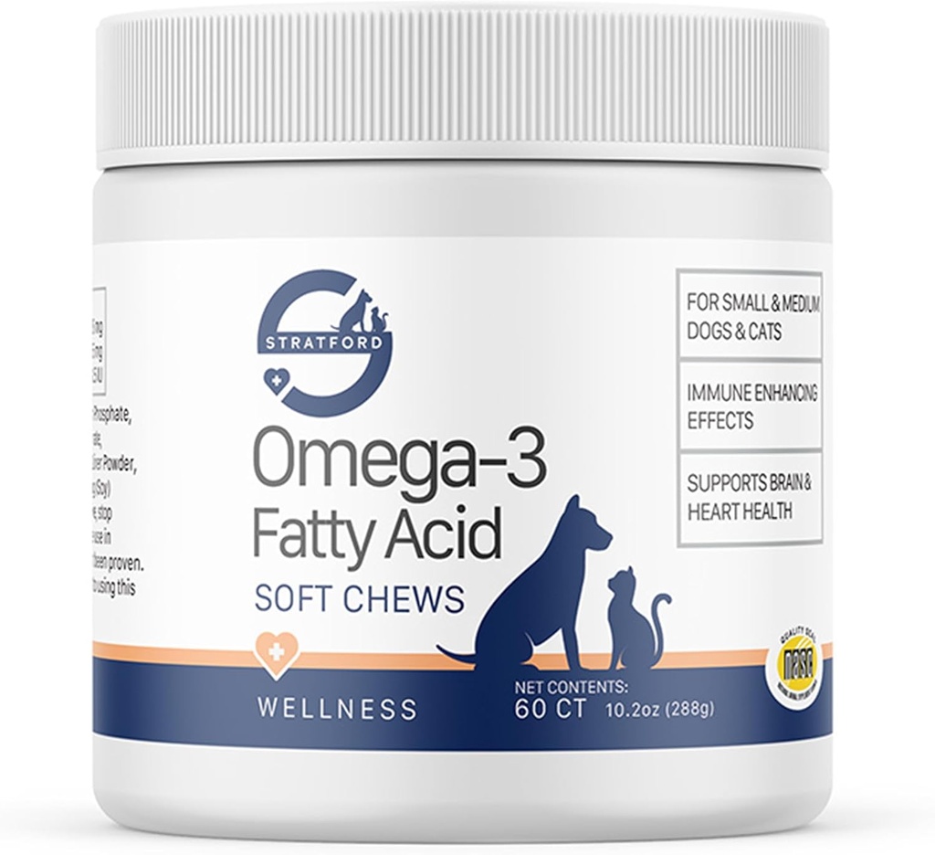 Stratford Pharmaceuticals EZ Chew Omega 3 Fatty Acid Soft Chew Max Strength - Dog Omega 3 Supplement - Soft Chew Treats with Fish Oil for Dogs - Small and Medium Dogs - 60 Soft Chews