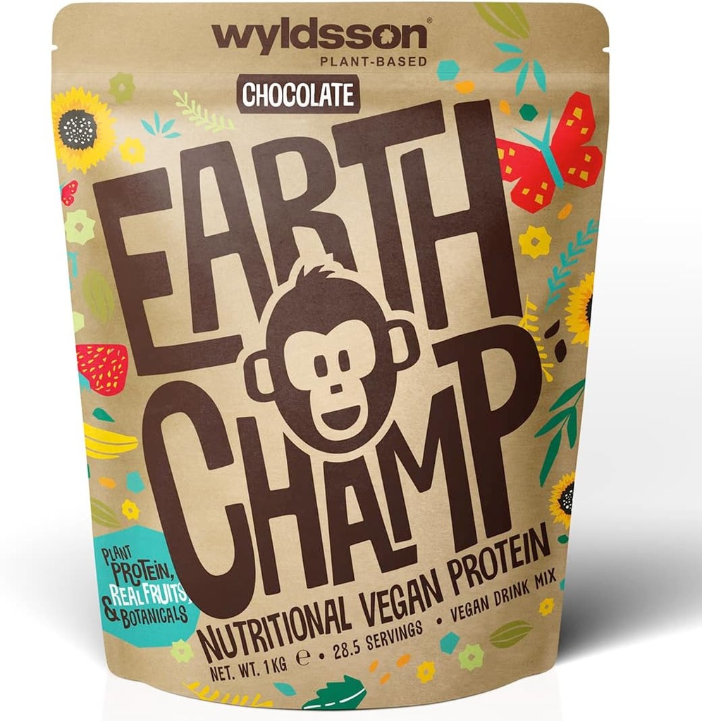 Vegan Protein Powders (1kg) - 28 Servings - EarthChamp by Wyldsson - Plant Based Chocolate Protein Powder Shake - Dairy Free - Lactose Free (Choc)