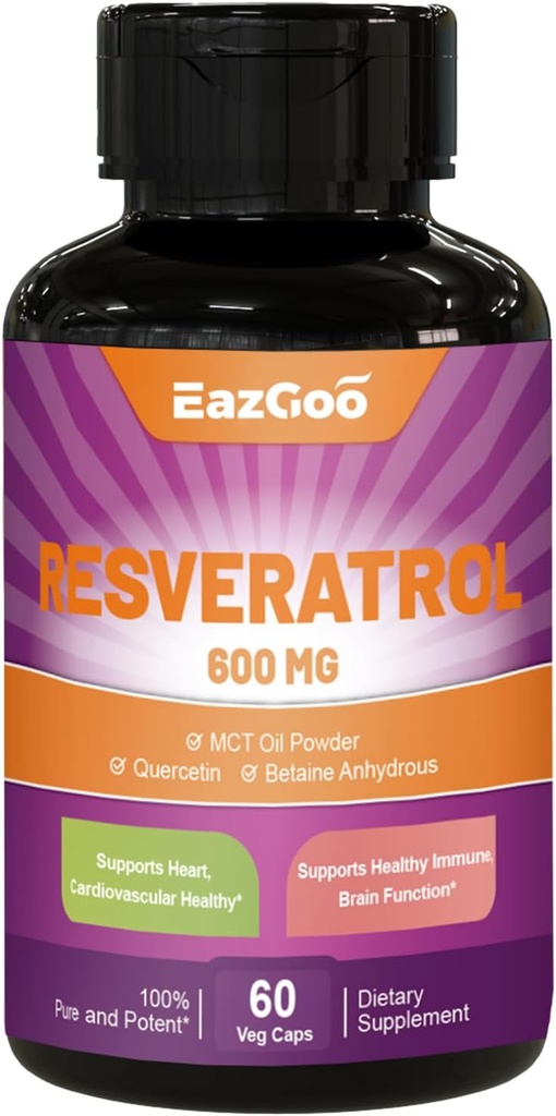 Resveratrol 600 mg, Suplemento Trans-Resveratrol, Apoyo a la Salud Antioxidante, 60 cápsulas