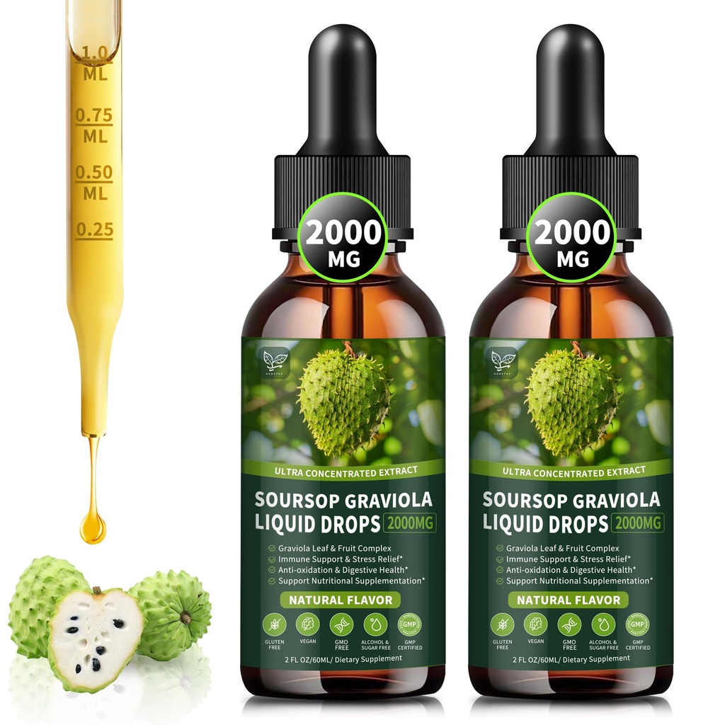 (2 Pack) Soursop Graviola Liquid Drops 2000mg, 98% Absorption for Cell Support &amp; Regeneration, Immune Boost, Liver, Herbal Goodness, Soursop Bitters Liquid-Sugar/Gluten Free, Natural Flavor, 4 Fl Oz