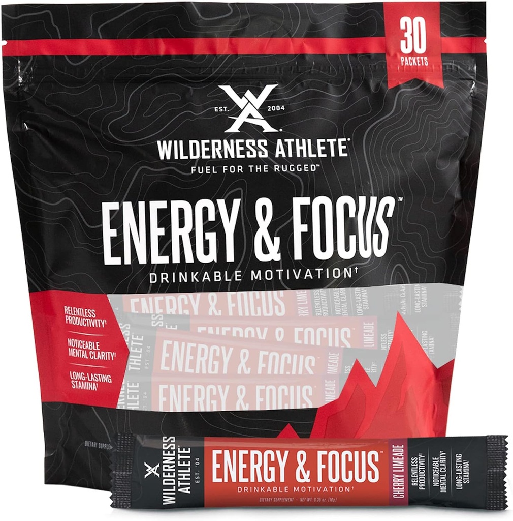 Wilderness Athlete - Energy & Focus TENER Energy Booster for Women &amp; Hombre - Energy Drink Mix with Natural Caffeine - Low-Carb, Zero Sugar Energy Drink Powder - 30 Serving Energy Drink Packets (Cherry)