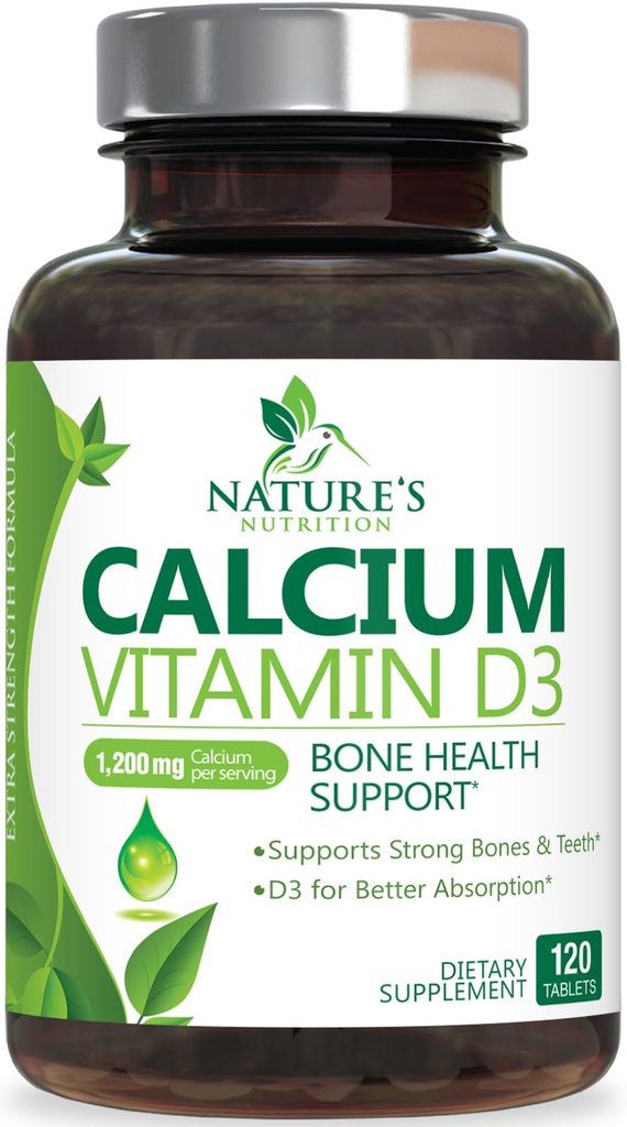 Suplemento de calcio 1200 mg - con vitamina D3 para la mejor absorción - Apoya la salud inmunitaria, los huesos y los dientes - Carbonato de calcio de la naturaleza + 1600 UI de D3 - Botellado en EE.UU. para hombres de mujeres - 120 Tabletas