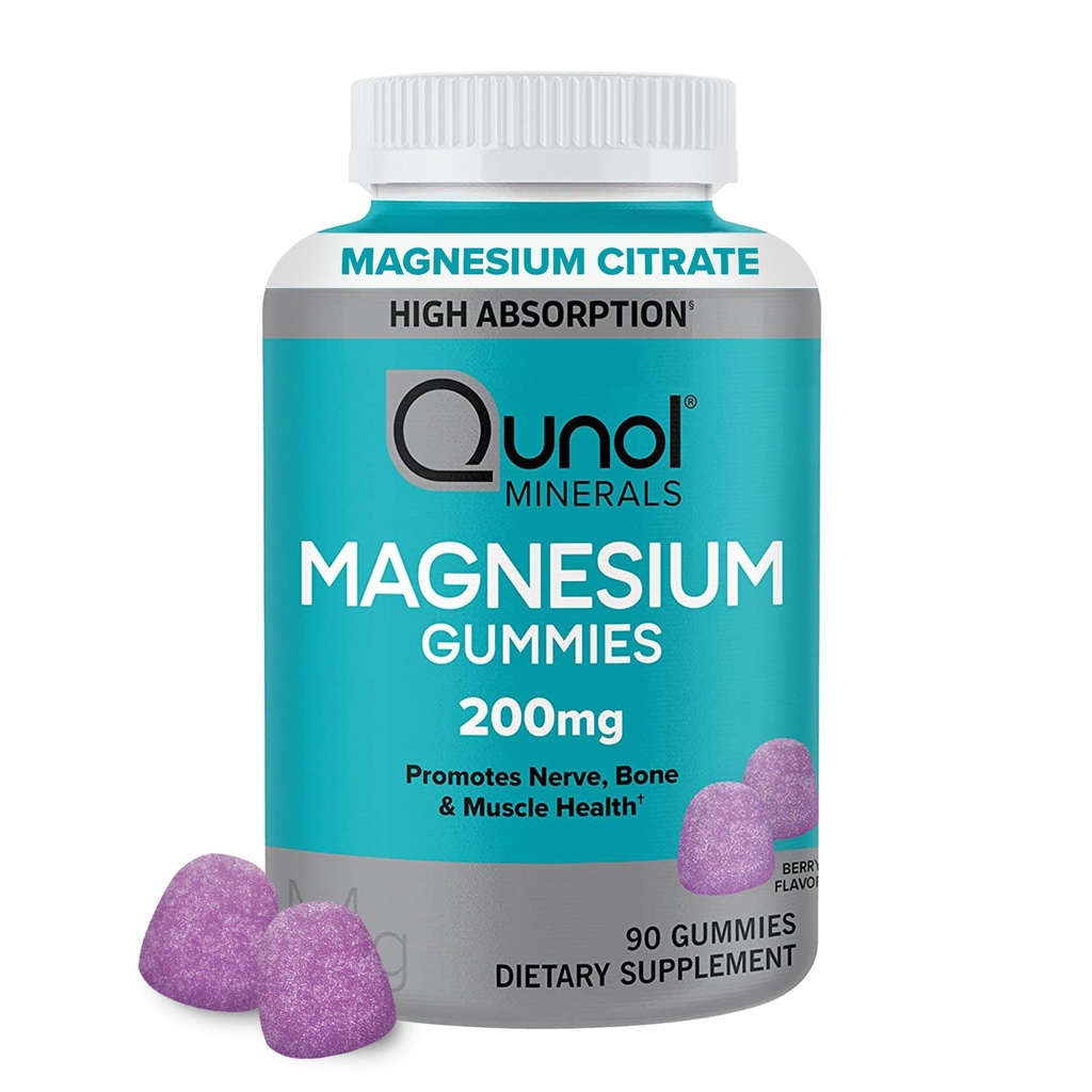 Gummies de magnesio qunol para adultos, 200 mg Magnesio Elemental (a partir de 1,750 mg Citrato de magnesio), Suplemento de magnesio de alta absorción, soporta Nerve, Bone y Muscle Health, Vegetariano, 90 Condes
