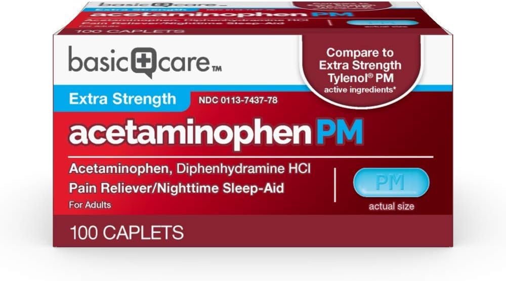 Cuidado básico Acetaminofeno PM, Dolor Reliever Plus Nighttime Sleep Aid Caplet, 100 Cuenta