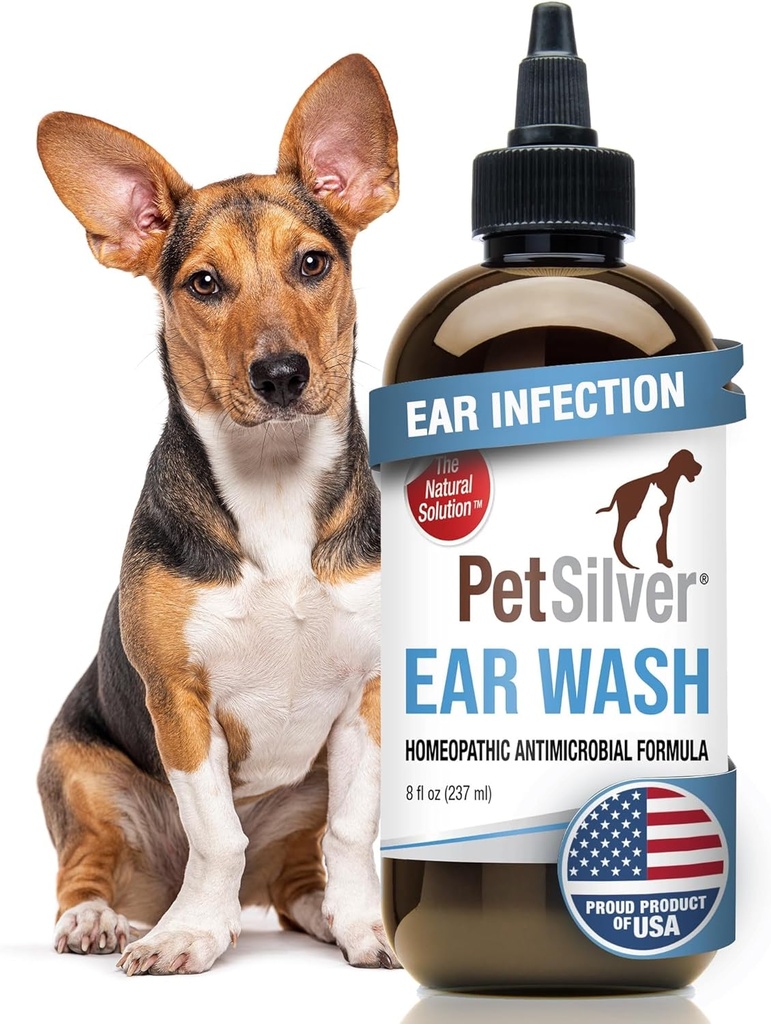 PetSilver Dog Ear Cleaner Solution – Gentle Ear Wash for Dogs and Cats with Chelated Silver – Otic Rinse Formula Targets Wax Buildup, Smelly Odor, and Itchy or Irritated Areas - Made in USA - 8 fl oz