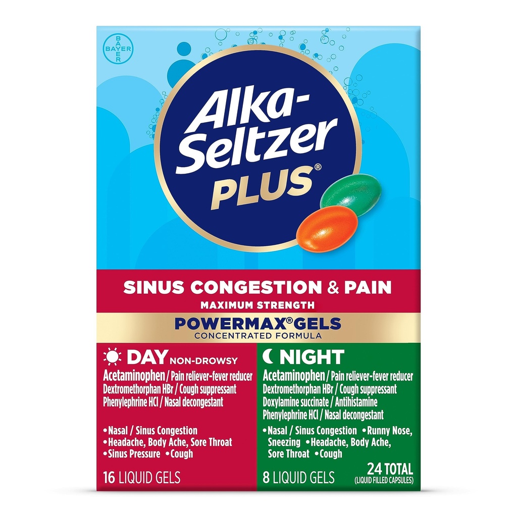 Alka-Seltzer Plus Maximum Strength PowerMax Sinus Congestion & Pain Medicine, Day + Night Liquid Gels - Powerful Relief for Cold and Flu, + Sinus Congestion for Adults and Children 12+ Años, 24 Cuentas