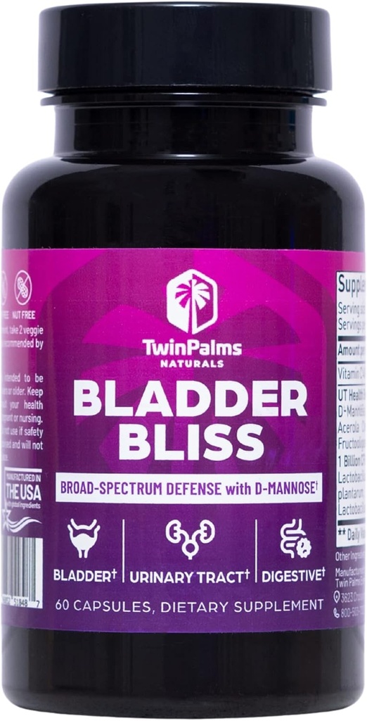 Bliss de la vejiga: Advanced Cranberry Supplement " D-Mannose Formula for Urinary Tract Health for Women, Non-GMO, Gluten-Free, Vegan Capsules, Fast-Acting Relief " , Bladder Support, 60 Ct