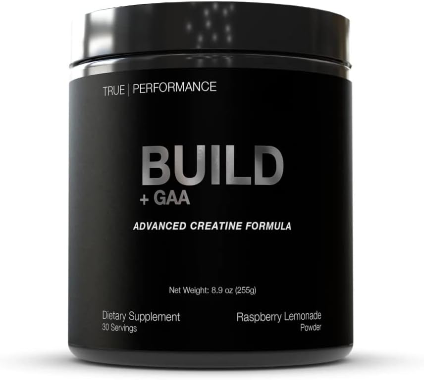 Construir + GAA, para la construcción y recuperación de músculos, limonada de frambuesa, pendiente de patente GAA + Monohidrato de crema, mejora la fuerza, el rendimiento y el crecimiento muscular - Creatina, GAA, Betaine - 30 servicios