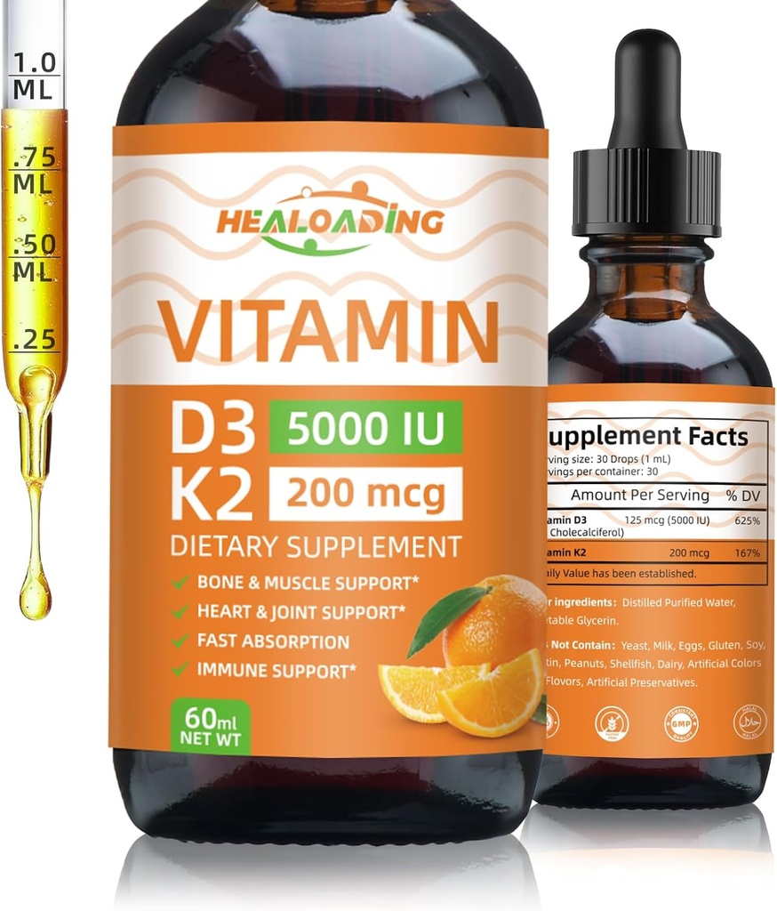 Organic Vitamin D3 + K2 Drops: 5000 IU Plant-Based D3 & 200mcg K2 Liquid Supplements | Fast Absorption for Immune Support, Bone Health & Heart Care | Vegan, Non-GMO (30ml)