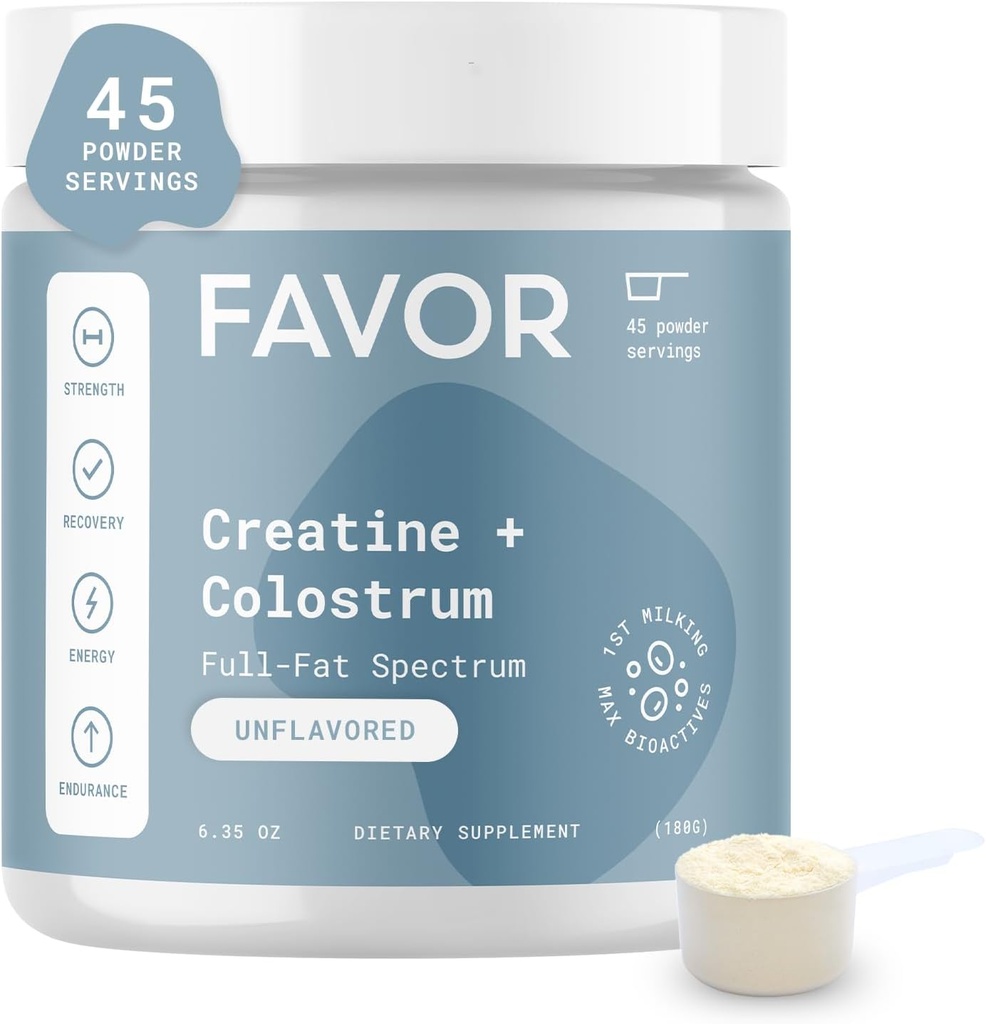 Favor Creatina y Bovine Colostrum Powder - Cretina Monohydrate Colostrum Suplemento, IgG de Alta Inmunoglobulina, Fuerza, Recuperación de Musculos y Salud Gut para Hombres y Mujeres, 45 Servimientos, Desarrollado