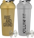 [2 Pack] 28 Unce Proten Shaker Bottles with Mixer Agitators with Motivational Quotes  Perfect for Mixing Protein, Pre-Workout, and Greens Drinks ← BPA Free and Dishwasher Safe ← Silver