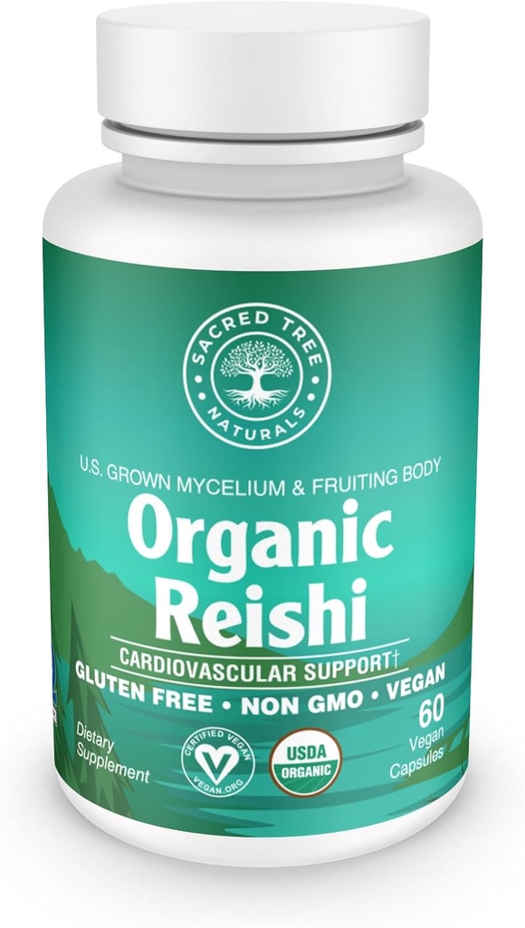 Orgánica Reishi Mushroom Capsules - 1000mg Potency - Stress Relief, Heart Health & Immunity - Non-GMO, Vegan, 60 Cuenta (30 Servimientos)