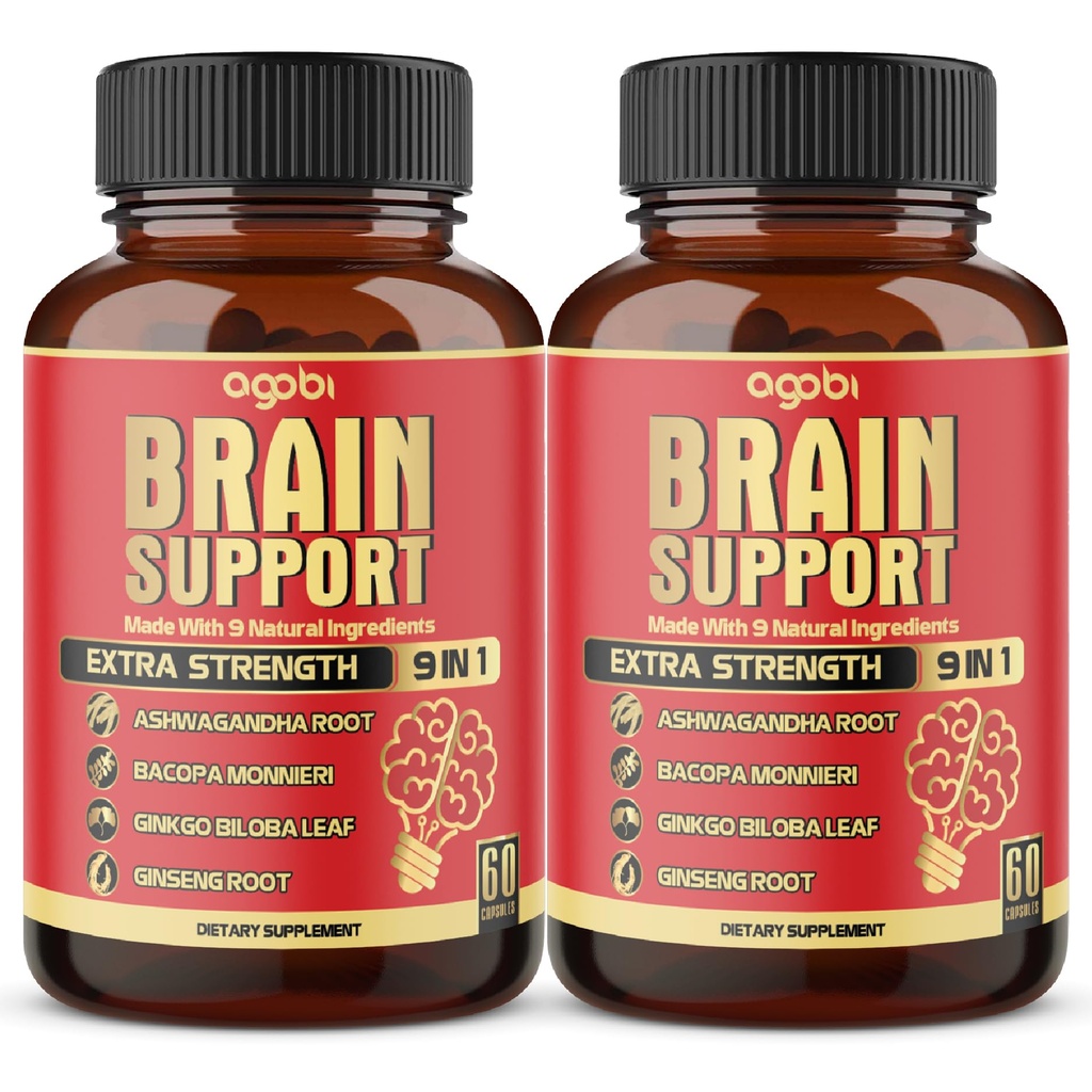 agobi 9in1 Brain Support Supplement - 2 Packs 60 Counts Blended Ashwagandha, Panax Ginseng, Gotu Kola, Ginkgo, Black Pepper & More - Accuracy, Focus, Memory & Energy Production Support