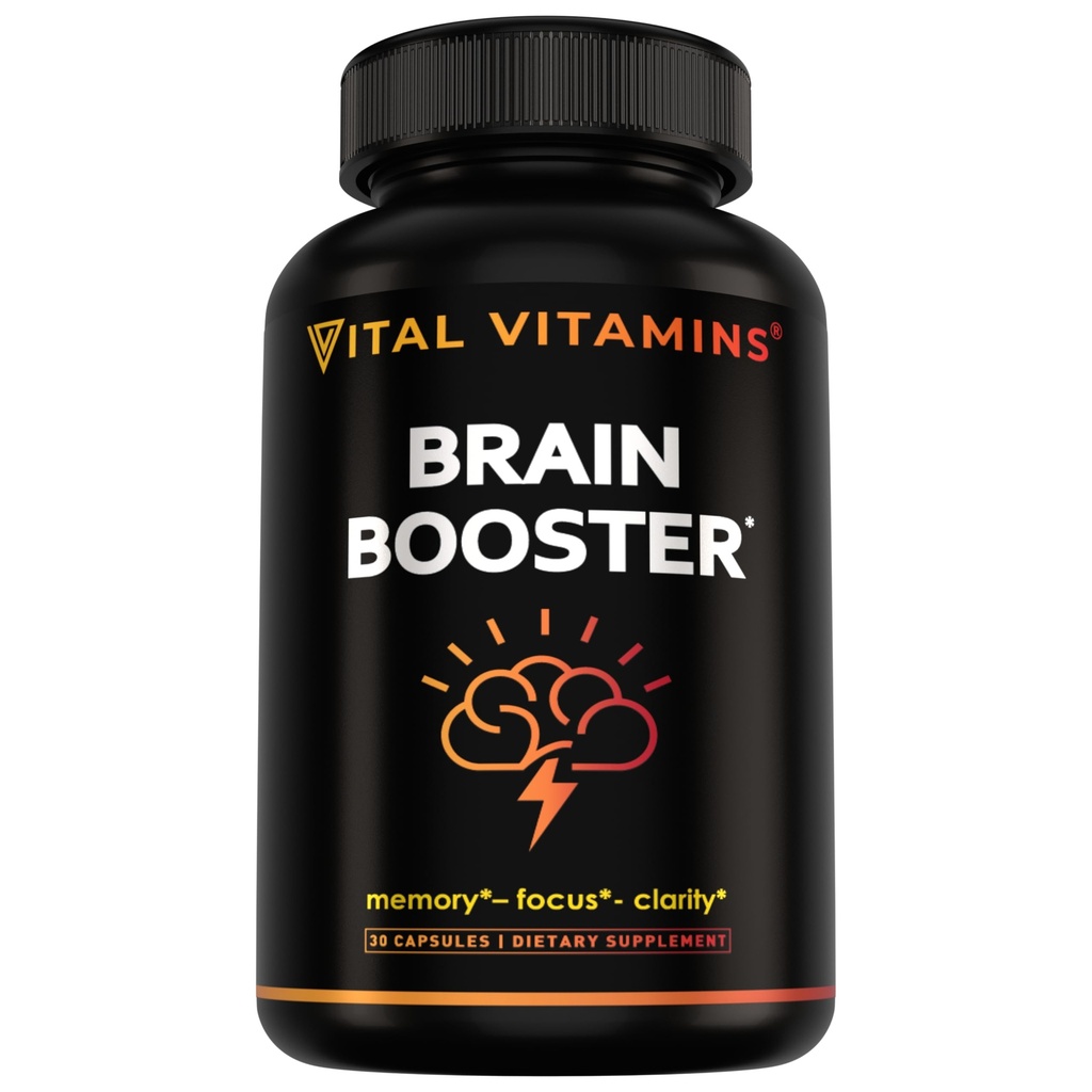 Suplementos cerebrales de vitaminas vitales con Bacopa Monnieri - para memoria y enfoque - Booster de cerebro nootrópico - Soporte libre de cafeína para adultos mayores - No GMO, 30-Day Supply, 30 cápsulas
