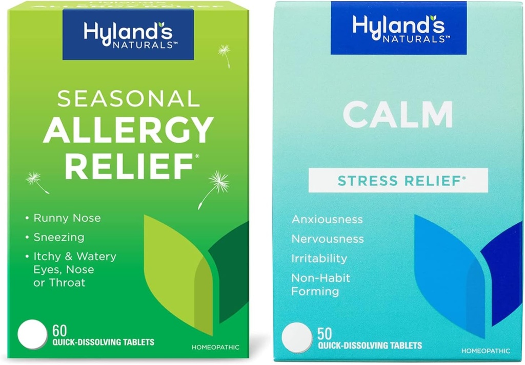 Bundle of Hyland's Indoor and Outdoor, Non Drowsy Seasonal Allergy Relief Pills 60 CT and Calm Tablets, Natural Relief of Anxiousness, Nervousness, Stress, and Irritability 50 CT