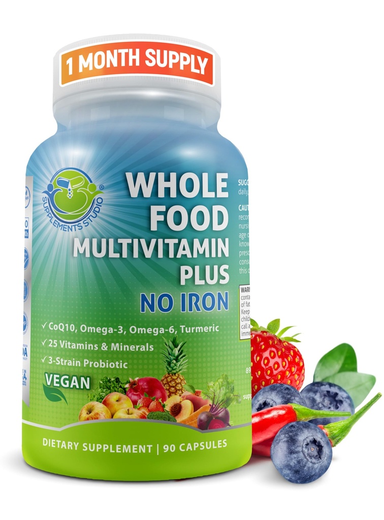 Vegan Whole Food Daily Multivitamin Without Iron, Methylated Multivitamin for Women and Men, Made with Fruits & Vegetables, B-Complex, Probiotics, Enzymes, CoQ10, Omegas, Turmeric, Non-GMO, 90 Count