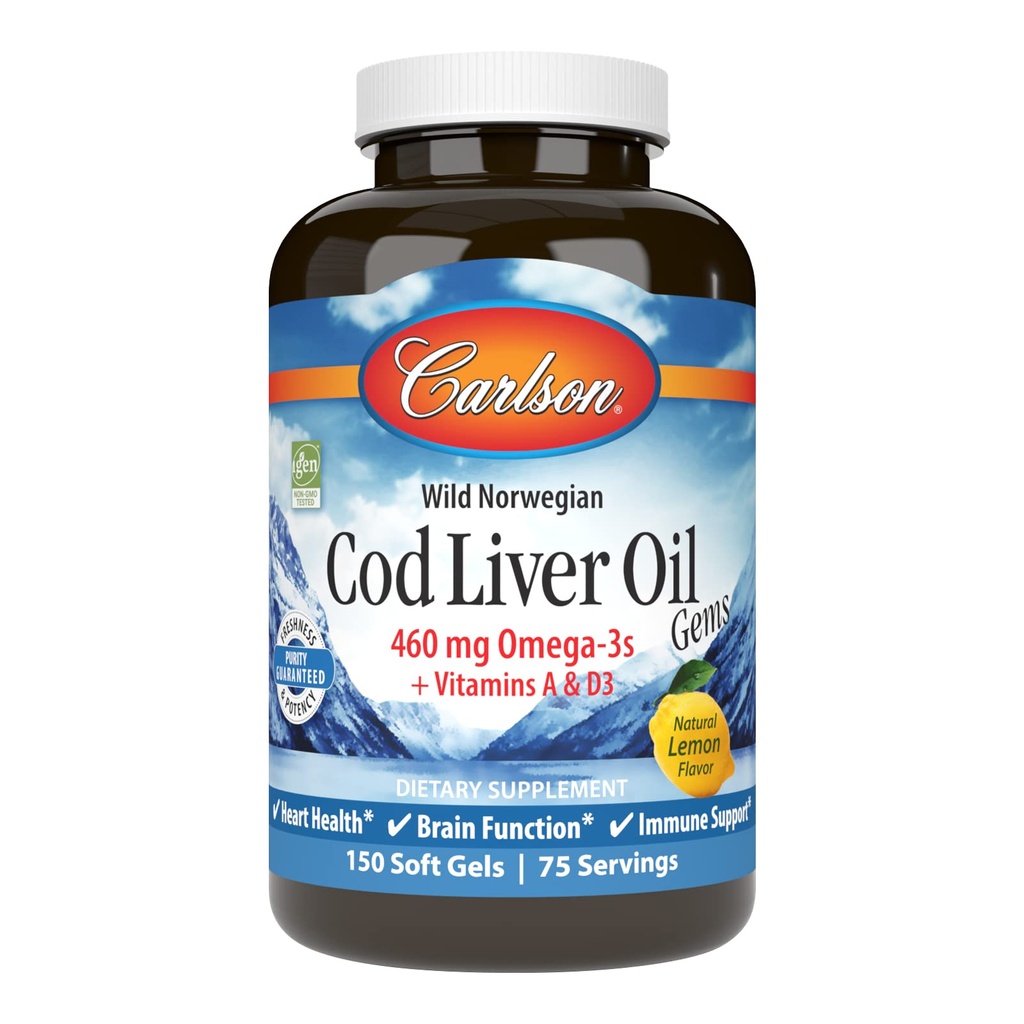 Carlson - Cod Liver Oil Gems, 460 mg Omega-3s, Plus Vitamins A and D3, Wild Caught Norwegian Arctic Cod Liver Oil, Sustainably Sourced Nordic Fish Oil Capsules, Lemon, 150 Softgels