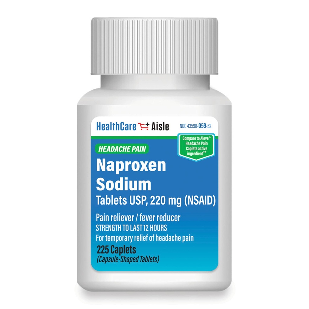 HealthCareAisle Naproxen Sodium, 220 mg - 225 caplets - Headache Pain Reliever, Hasta 12 horas de alivio