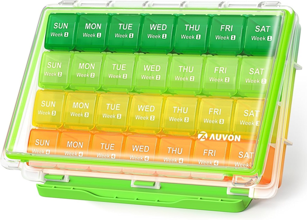 AUVON Moisture-Proof Monthly Pill Organizer, Grande 28 Days Pill Box Case with Removable 4 Weeks Medication Organizer Rows, Travel-Friendly to Store Fish Oils, Vitaminas, Suplementos, Medications