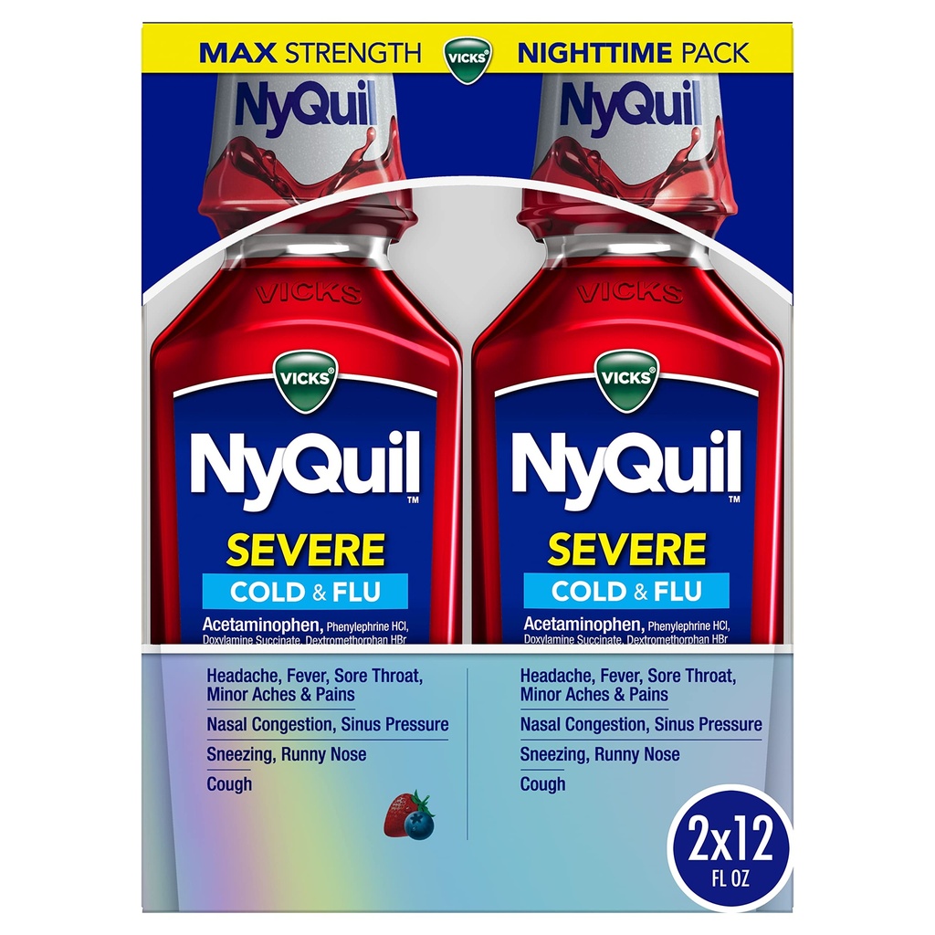 Vicks NyQuil SEVERE Cold, Flu y Congestion Medicine, 2x12 fl oz Twin Pack, Berry Flavor, Maximum Strength, Nighttime Relief
