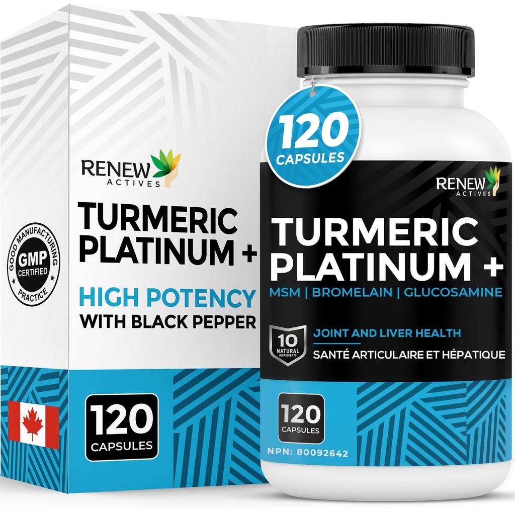 Renew Actives Turmeric Platinum 1350MG per 3 Capsules with Black Pepper & Ginger – Antioxidant, Liver " Digestive Support – Reduce la inflamación " Boosts Immunity – Made in Canada – 120 Capsules
