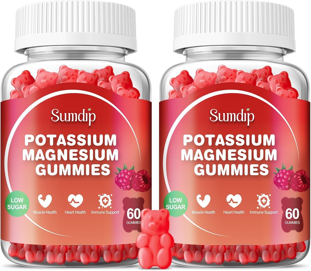 Magnesium Potassium Gummies, Muscle & Heart Health, Leg Cramps and Sleep, Potassium Supplements Vegan Gummy Non-GMO Gluten Free 60 Gummies-2 Pack, Raspberry