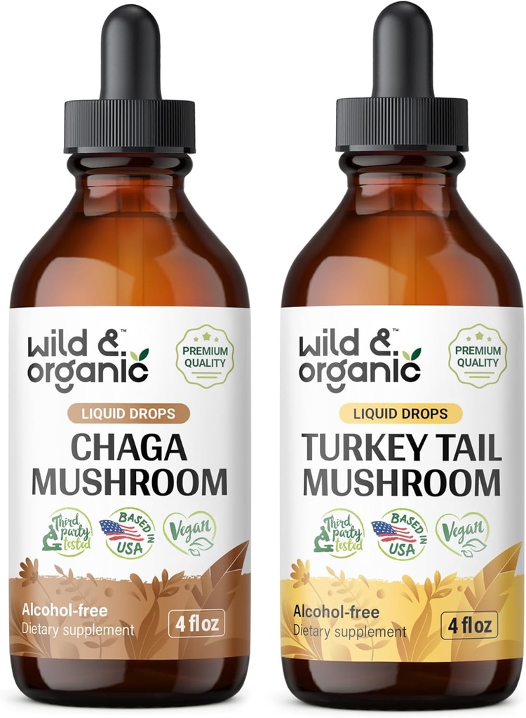 Wild &amp; Organic Chaga Mushroom Tintura 4 fl oz &amp; Turquía Tail Mushroom Tintura 4 fl oz