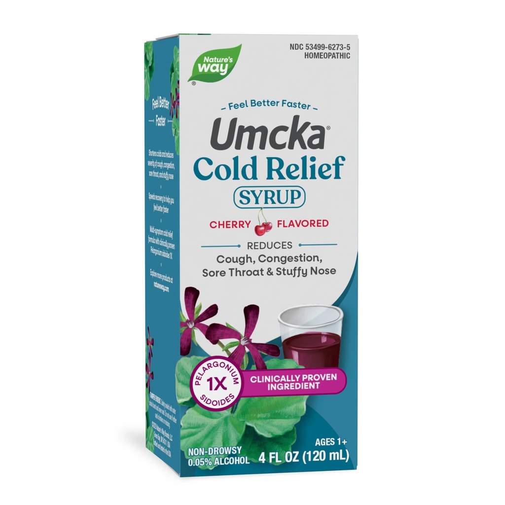 Camino de la Naturaleza Cold Relief Syrup, Umcka, Shortens Duración " Reduce la Severidad, Multi-Symptom Cold Relief, Homeopático, Phenylephrine Free, Non-Drowsy, Cherry Flavored, 4 Fl Oz (Packaging May Vary)