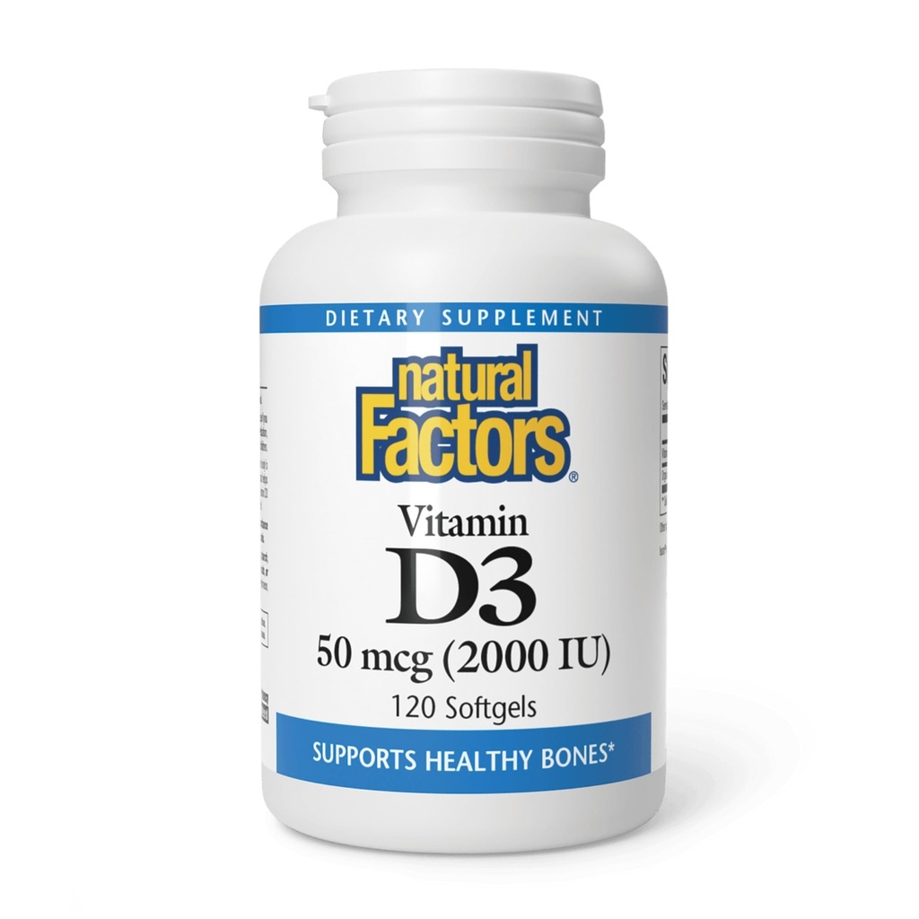 Factores naturales, Vitamina D3 2000 UI (50 mcg), soporta huesos fuertes, músculos y función inmunitaria, 120 Softgels