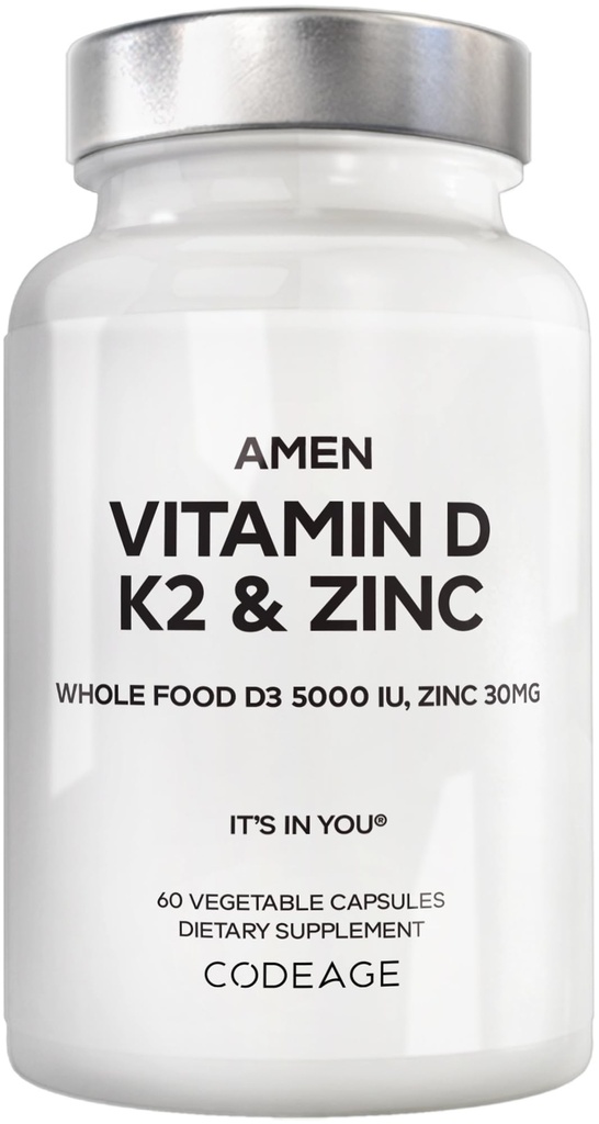 Amen Vitamin D, K2 & Zinc, Cholecalciferol D3 5000 IU, Organic Whole Food Blend with Apple, Blueberry, Cranberry, Elderberry Powder Fruits, Vegan Supplement, D3 K2 Vitamins, Non-GMO - 60 Capsules