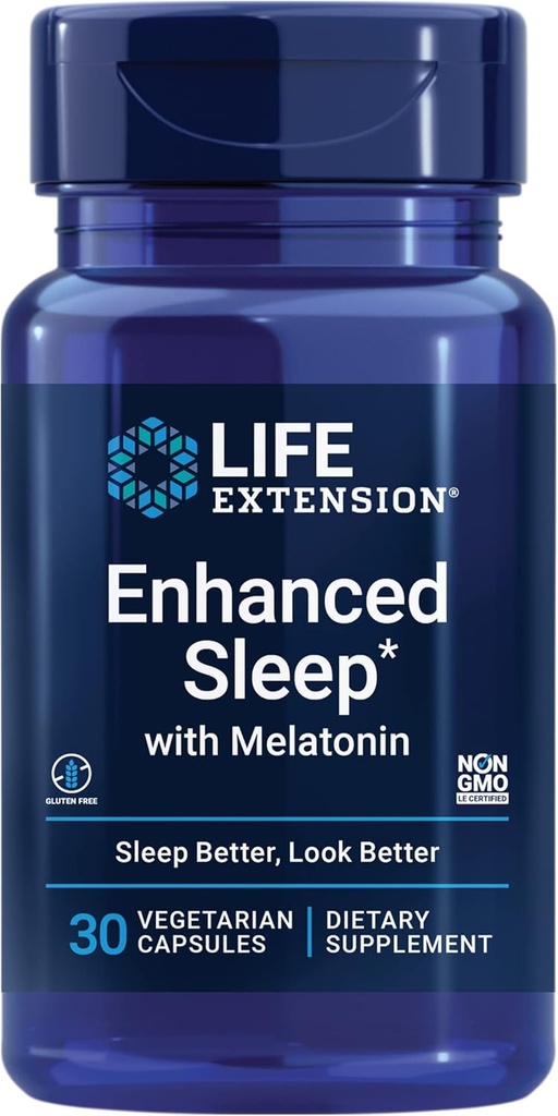 Ampliación de vida Dormir mejorada con Melatonina - Melatonina Suplemento de sueño para el descanso y la piel sana &amp; Más – Sin gluten, No GMO, Vegetariano – 30 cápsulas