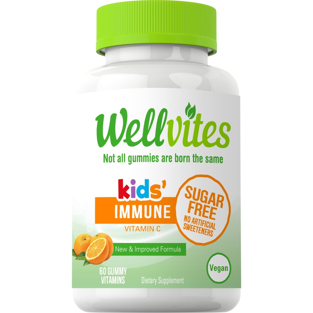 Wellvites Sugar Free Kids Immune Daily Gummy Vitamins - Vegan, Non-GMO - Vitamin C Gummies for Kids Immune Support, No Artificial Sweeteners, Gluten-Free, Gelatin-Free, 60 Count (30 Day Supply)