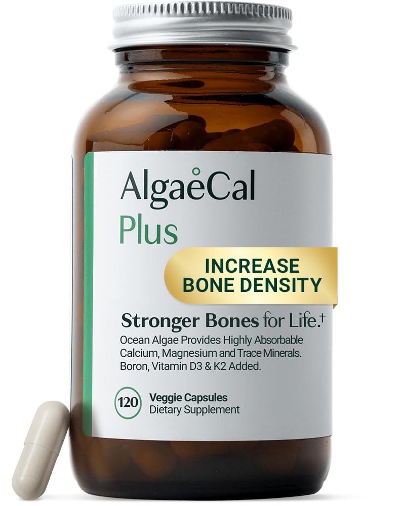 ALGAECAL Organic Red Algae Calcium Supplement for Bone Density, Vitamin K2 MK7 (100mg), Vitamin D3 (1600 IU), Magnesium (350mg) & Trace Minerals & Strength, Easy to Swallow, 120 Veggie Caps
