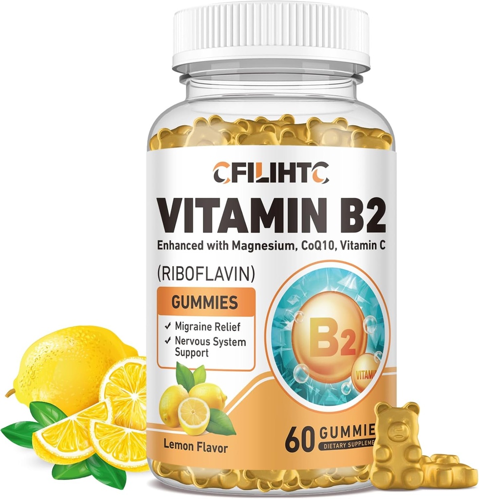 Vitamina B2 Gummies Riboflavin 400mg Suplemento para niños y adultos - Magnesium Glycinate, Zinc, CoQ10, Vitamina B12 - Migraine Relief & Energy, Nervous System Support, Sugar Free Lemon Flavor, 60ct