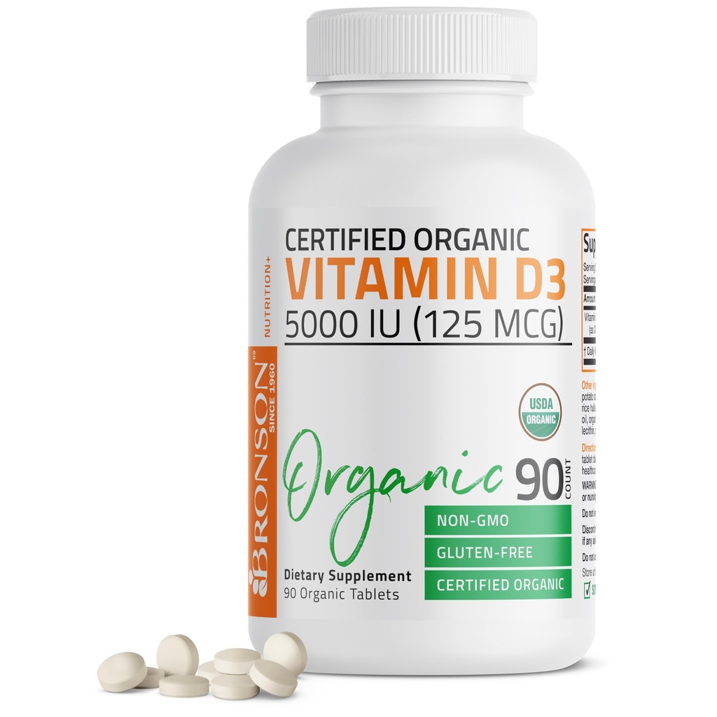 Vitamina Bronson D3 5000 UI Certificada Suplemento de vitamina D orgánica, no GMO, USDA Certificado, 90 Tabletas