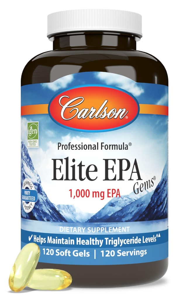 Carlson - Elite EPA Gems, 1000 mg EPA Fish Oil, Wild-Caught, Norwegian Fish Oil, Sustainably Sourced, Helps Maintain Healthy Triglyceride Levels, 120 Softgels