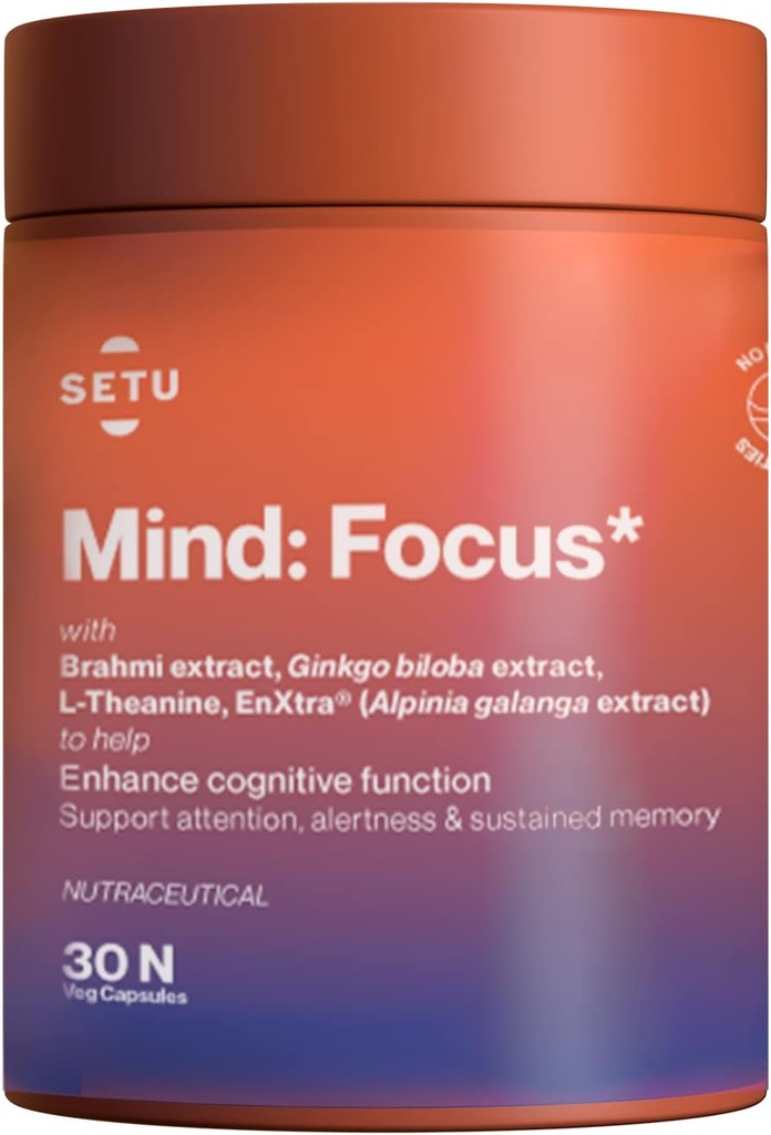 SETU Mind Focus Capsules ← Brahmi, Ginkgo biloba, Ashwagandha y L-Theanine sometida 30 Caps (Pack of 1)