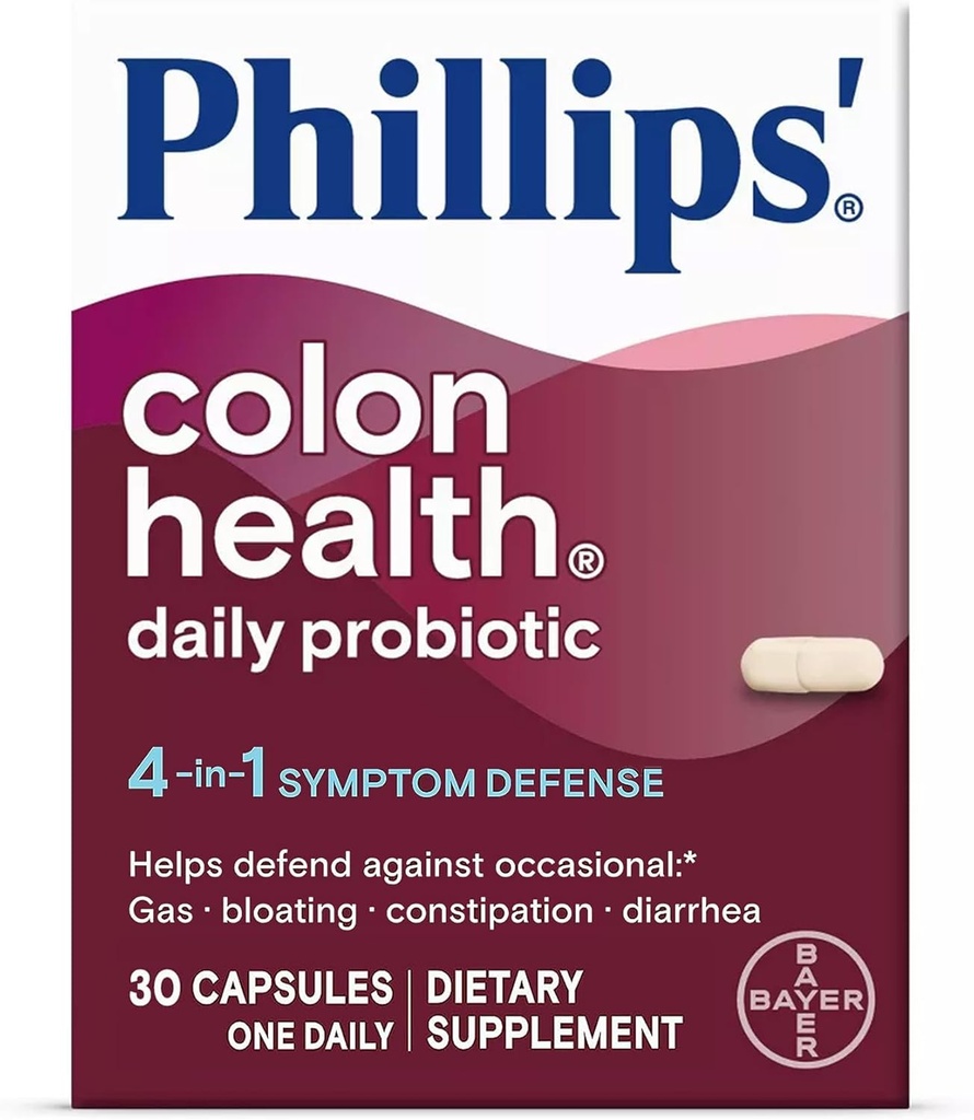 Phillips' Colon Health Daily Probiotic Capsules, 4-in-1 Symptom Defense to help defend against Occasional Gas, Bloating, Constipation, and Diarrhea, Daily Supplement, 30 Count