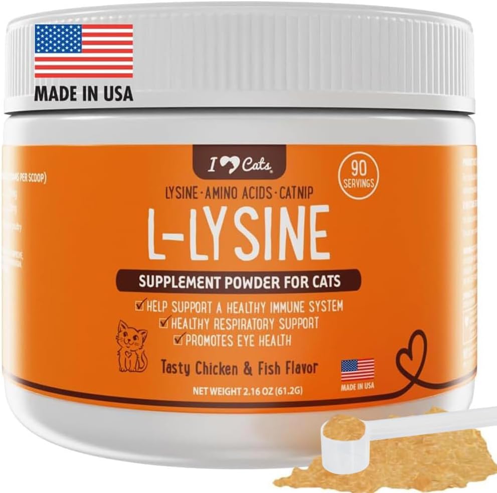 iHeartCats L-Lysine for Cats - Immune & Respiratory Supplement for Cats - Cat Sneezing & Runny Nose Relief - L-Lysine Powder with Cat Nip - Chicken & Salmon Flavor