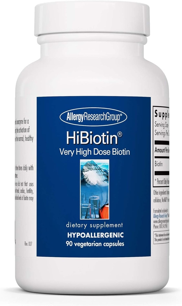 Grupo de Investigación de Alergia HiBiotin Supplement - Extra Strength Biotin Pills, Vegetarian Capsules, Hypoallergenic, Gluten Free - 90 Count