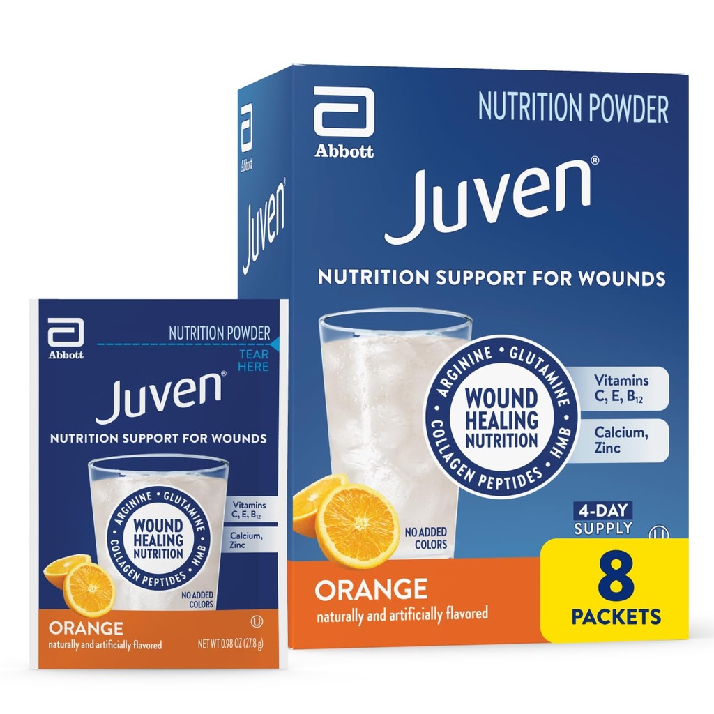 Juven Therapeutic Nutrition Drink Powder Incluido Peptides Collagen, Amino Acids, y HMB para el soporte de curación de heridas, Orange, 48 Packets