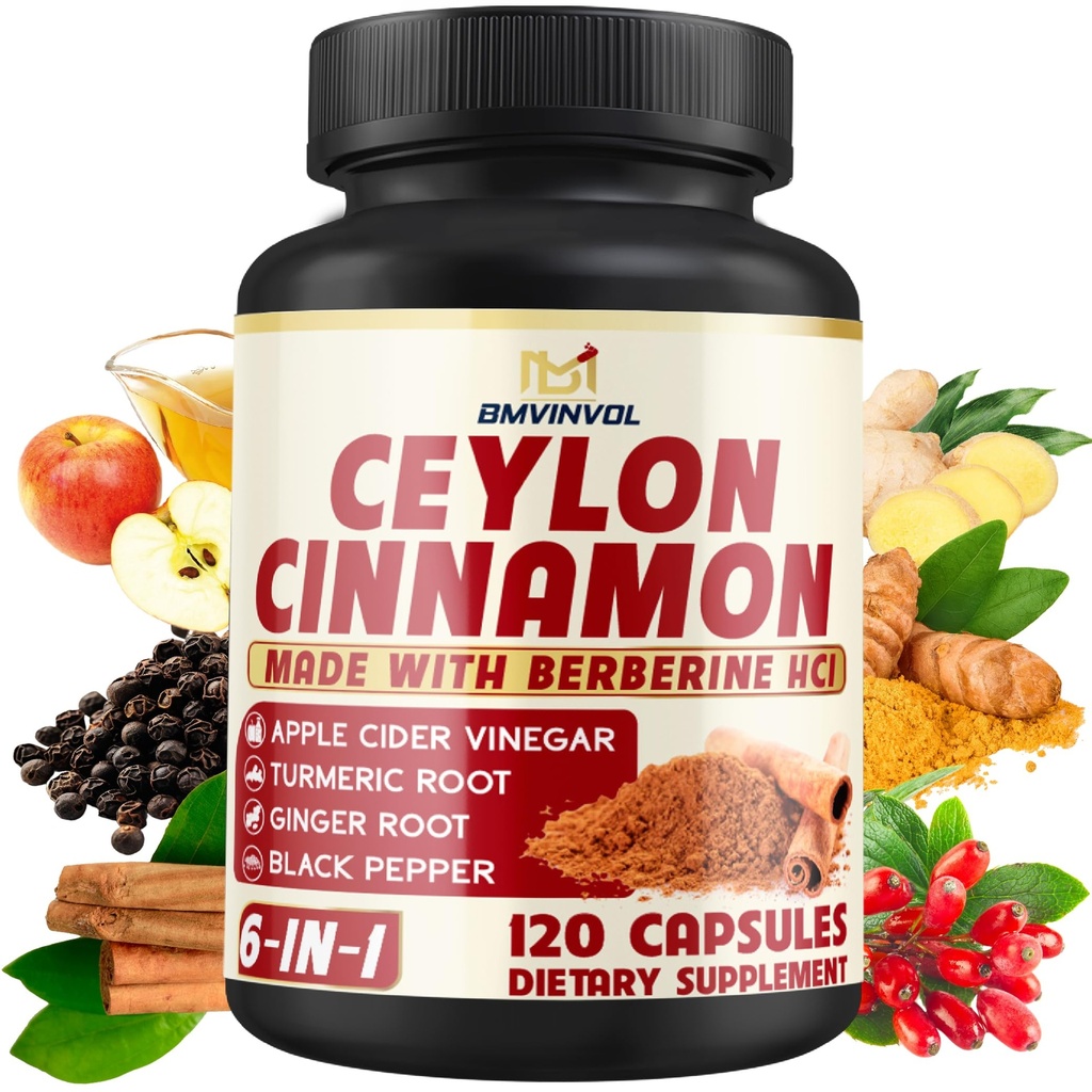 Ceylon Cinnamon Capsules con Berberine HCl, Apple Cider Vinegar, Turmeric, Ginseng, Black Pepper - 6in1 para la función de soporte de inmunológico - 120 Conde