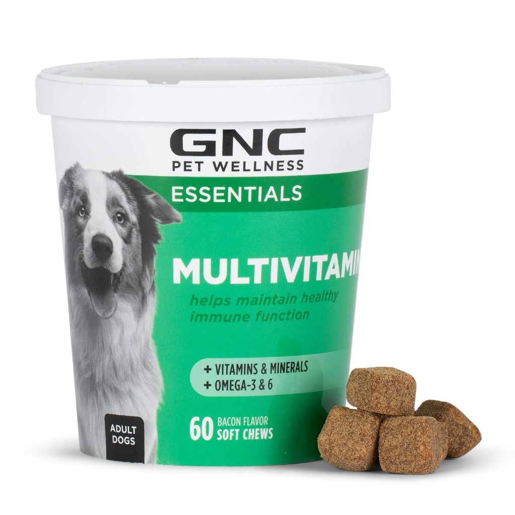GNC Pets Essentials Dog Multivitamin Soft Chews, Salmon Oil Dog Supplement in Bacon Flavor, Immune Booster and Skin and Coat Support Chewable with Vitamins & Minerals, 60 Count