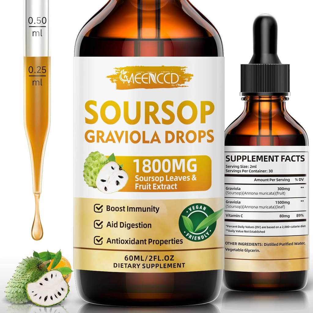 Soursop Graviola Liquid Drops 1800mg, Natural Antioxidante, Cell Support &amp; Regeneración, Immune Boost, Soursop Bitters Liquid, Sugar-Free, Non-GMO, Vegan, Orange Flavor, 2 FL OZ