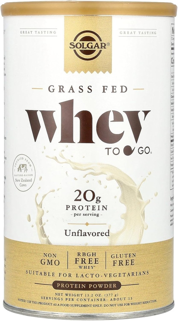 Solgar Grass Fed Whey to Go Protein Powder Desflavored, 11.2 oz - 20g de Grass-Fed Protein de Nueva Zelanda Vacas - Great Tasting & Mezclas Fácilmente - Soportes Fuerza & Recuperación - Non-GMO, 13 Serviciones