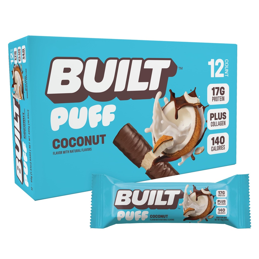 Barras de proteína, Bares de proteína, Puff de coco, Snacks de 17g Proteína, Bares On-The-Go, Sólo 140 Calories, 6g Azúcar, Collagen, Gluten Free, 12 Condes