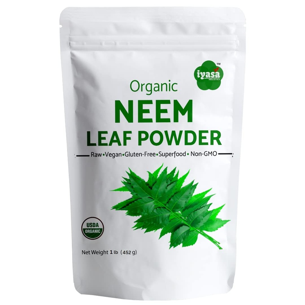 Iyasa Holistics Organic Neem Powder Ayurveda hierba y superalimentos, apoya la purificación de sangre y hígado, promueve el cabello sano y la piel clara, bolsa sellable de 16 oz/ 453g